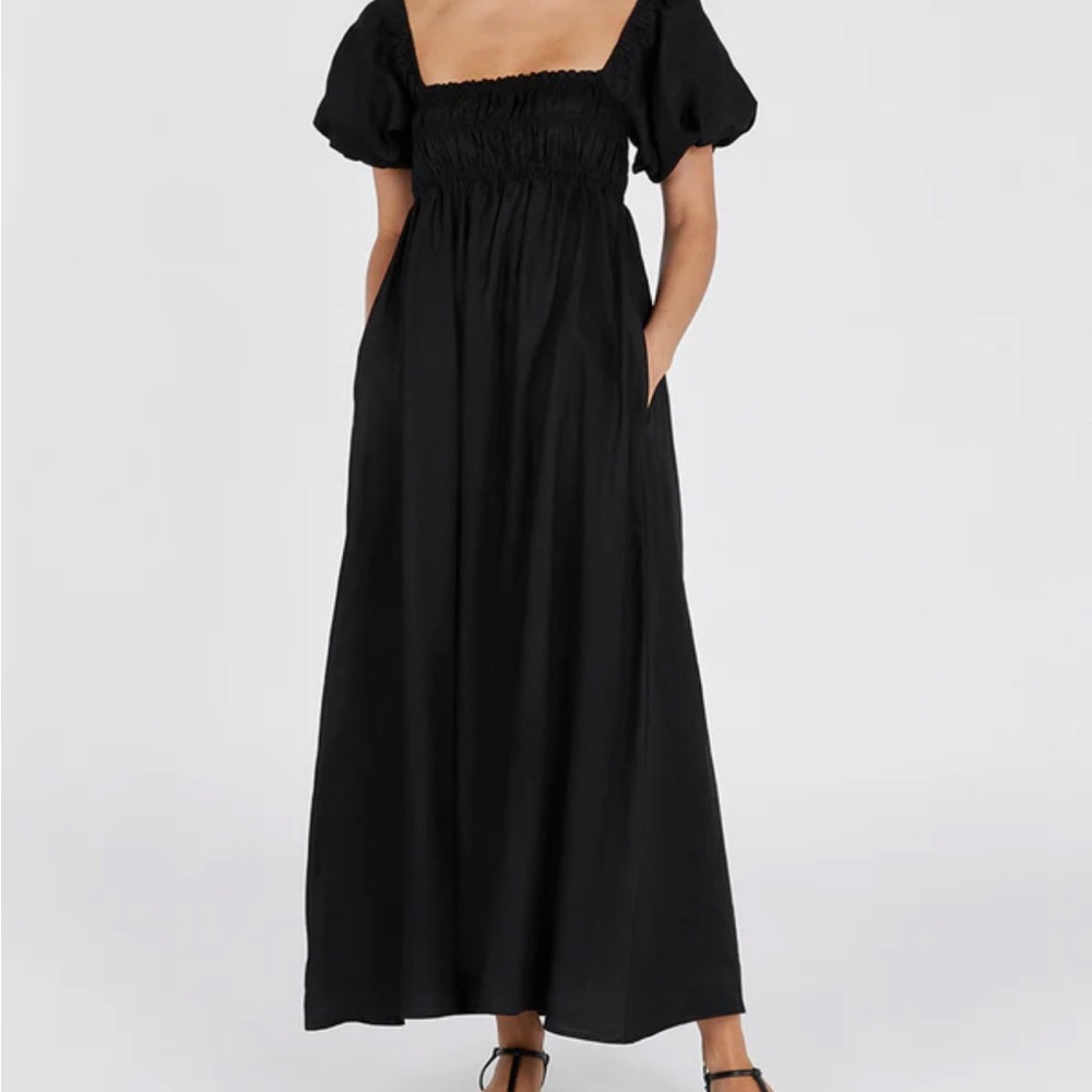BNWT DISSH Bianca Black Linen Smocked Maxi Dress Puff Sleeves